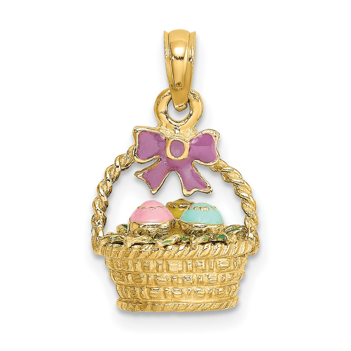 14k Yellow Gold Easter Basket Pendant with Purple Enamel Bow and Pastel Eggs
