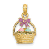 14k Yellow Gold Easter Basket Pendant with Purple Enamel Bow and Pastel Eggs
