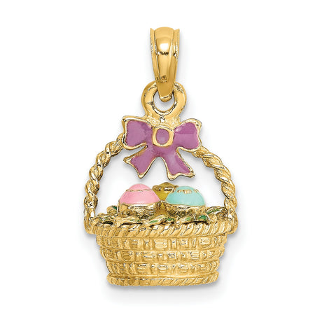 14k Yellow Gold Easter Basket Pendant with Purple Enamel Bow and Pastel Eggs