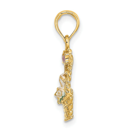14k Yellow Gold Easter Basket Pendant with White Enamel Bunny and Pastel Eggs