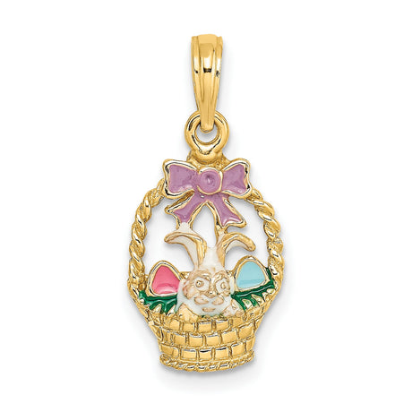 14k Yellow Gold Easter Basket Pendant with White Enamel Bunny and Pastel Eggs