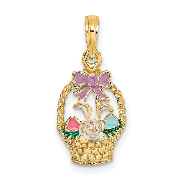 14k Yellow Gold Easter Basket Pendant with White Enamel Bunny and Pastel Eggs