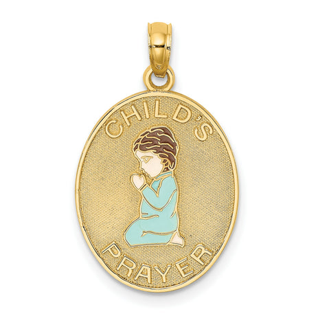 Enameled Reversible CHILDS PRAYER with Boy Charm Pendant in Real 14k Yellow Gold