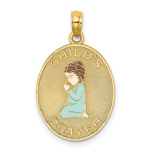 Enameled Reversible CHILDS PRAYER with Boy Charm Pendant in Real 14k Yellow Gold