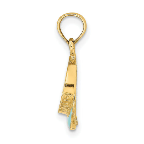 14k Yellow Gold Pendant with Turquoise Enamel Crescent, Modern Open Oval Design, Boho Minimalist Charm