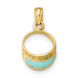 14k Yellow Gold Pendant with Turquoise Enamel Crescent, Modern Open Oval Design, Boho Minimalist Charm