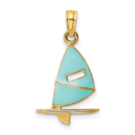 14k Yellow Gold Sailboat Pendant with Turquoise Enamel, Nautical Windsurf Design