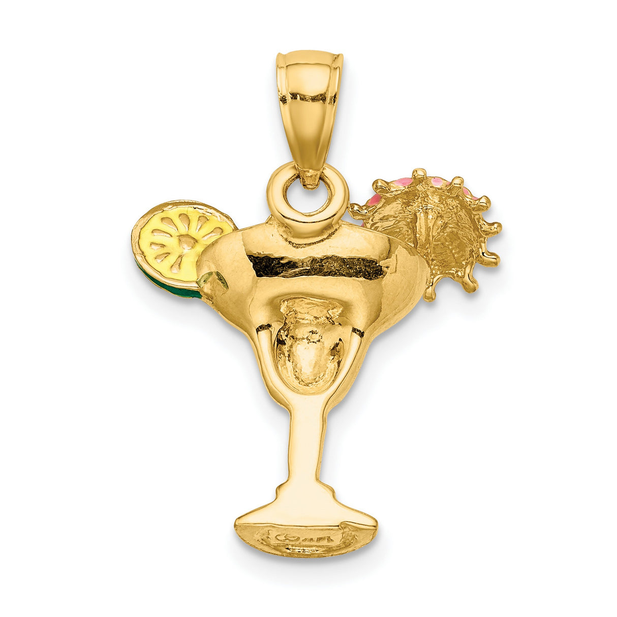 14k Yellow Gold Cocktail Pendant with Enamel Pink Umbrella and Lime Slice, Tropical Drink Charm