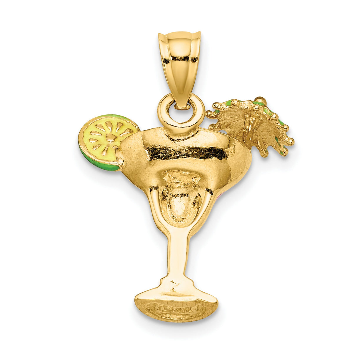 Pink Enameled Margarita Drink Umbrella and Lime Charm Pendant in Real 14k Yellow Gold