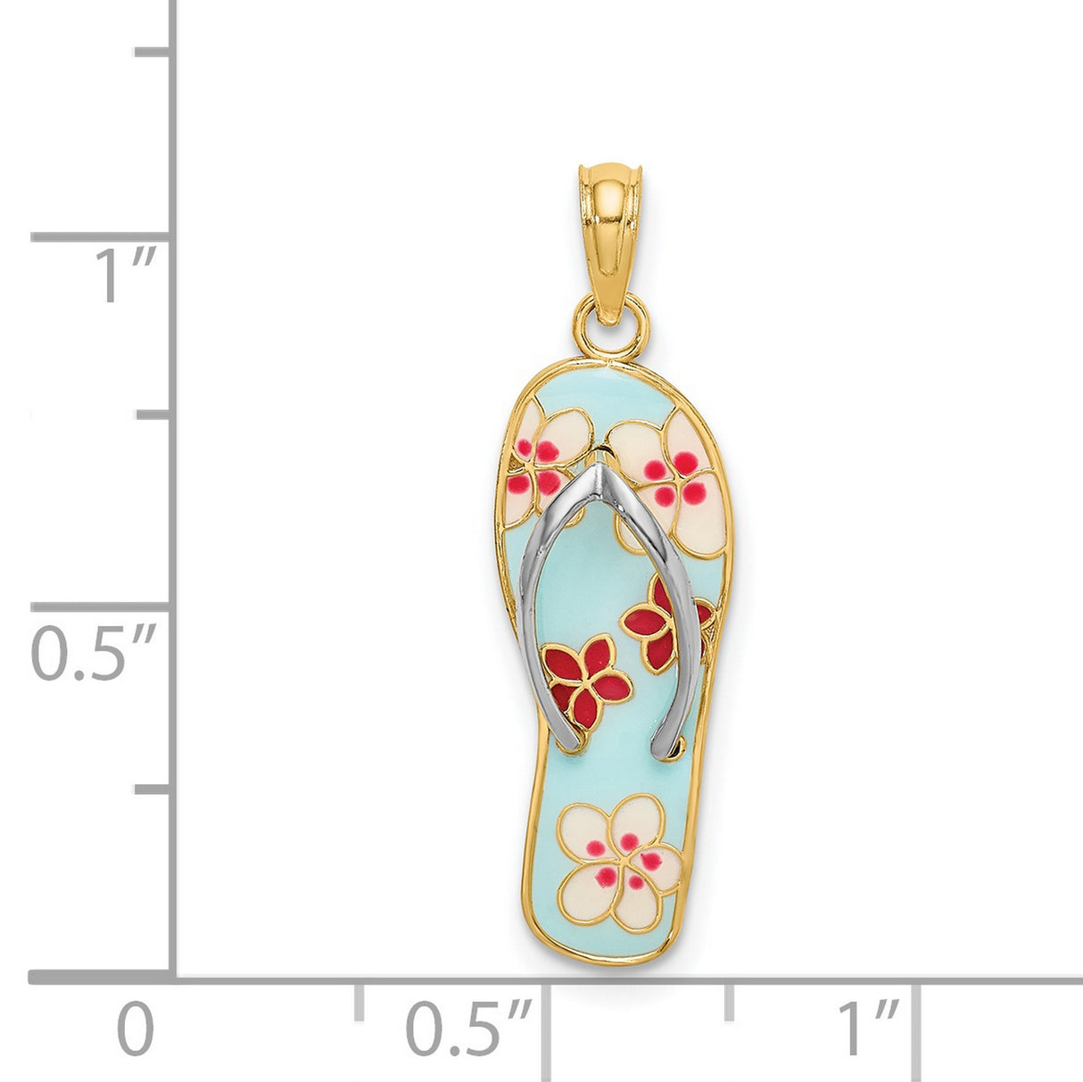 14k Yellow Gold and Rhodium Flip-Flop Pendant with Tropical Floral Enamel Design