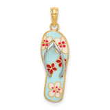 14k Yellow Gold and Rhodium Flip-Flop Pendant with Tropical Floral Enamel Design