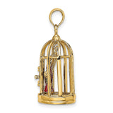 14k Yellow Gold Pendant with Colorful Parrot Couple in Birdcage, Tropical Animal Charm Jewelry