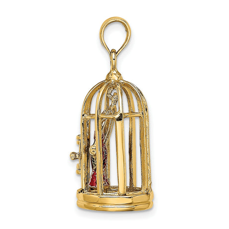 14k Yellow Gold Pendant with Colorful Parrot Couple in Birdcage, Tropical Animal Charm Jewelry