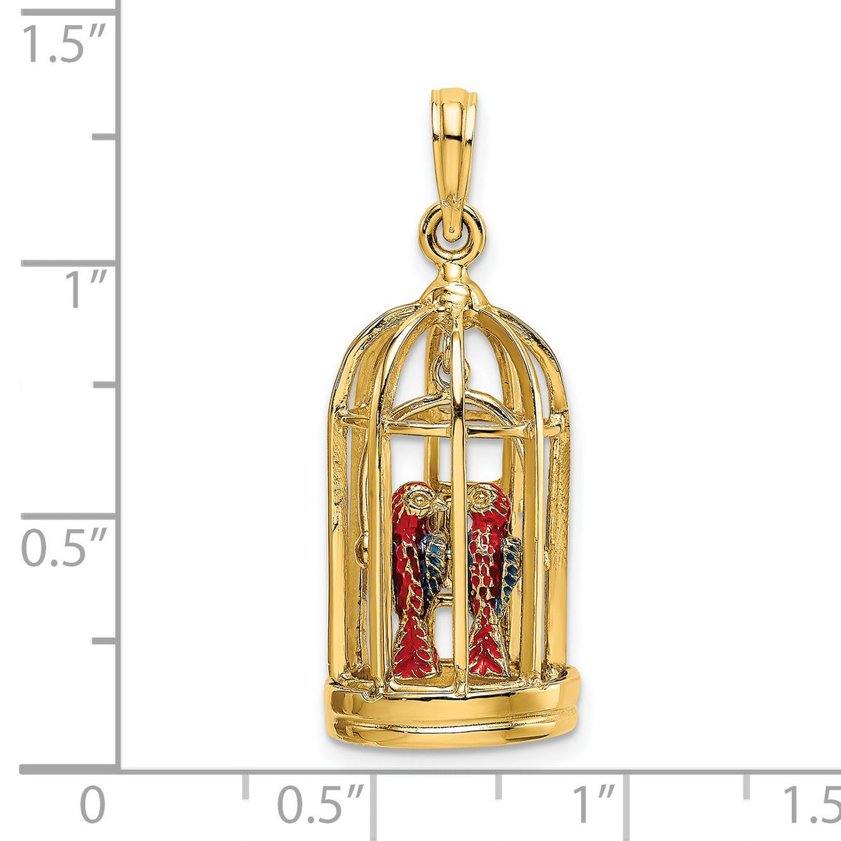 14k Yellow Gold Pendant with Colorful Parrot Couple in Birdcage, Tropical Animal Charm Jewelry