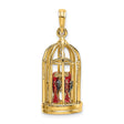14k Yellow Gold Pendant with Colorful Parrot Couple in Birdcage, Tropical Animal Charm Jewelry