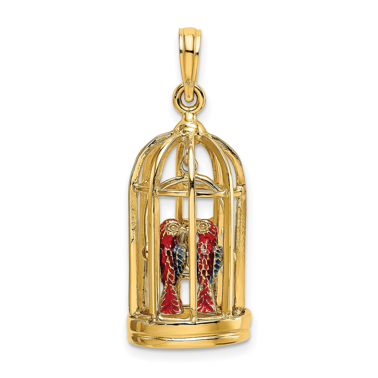 14k Yellow Gold Pendant with Colorful Parrot Couple in Birdcage, Tropical Animal Charm Jewelry
