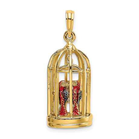 14k Yellow Gold Pendant with Colorful Parrot Couple in Birdcage, Tropical Animal Charm Jewelry
