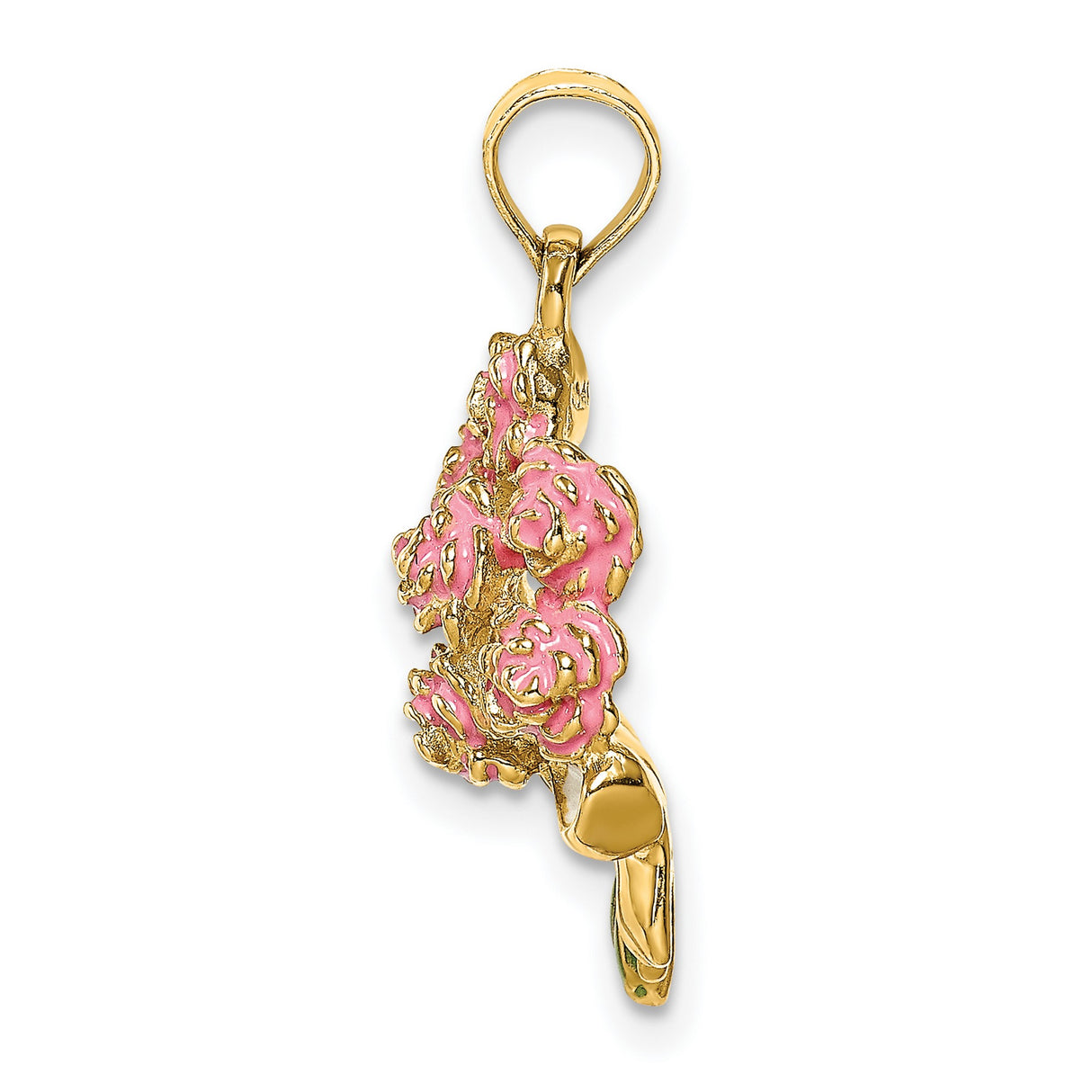 14k Yellow Gold Rose Bouquet Pendant with Pink Roses and Green Stems, Floral Charm for Women