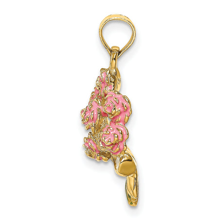 14k Yellow Gold Rose Bouquet Pendant with Pink Roses and Green Stems, Floral Charm for Women