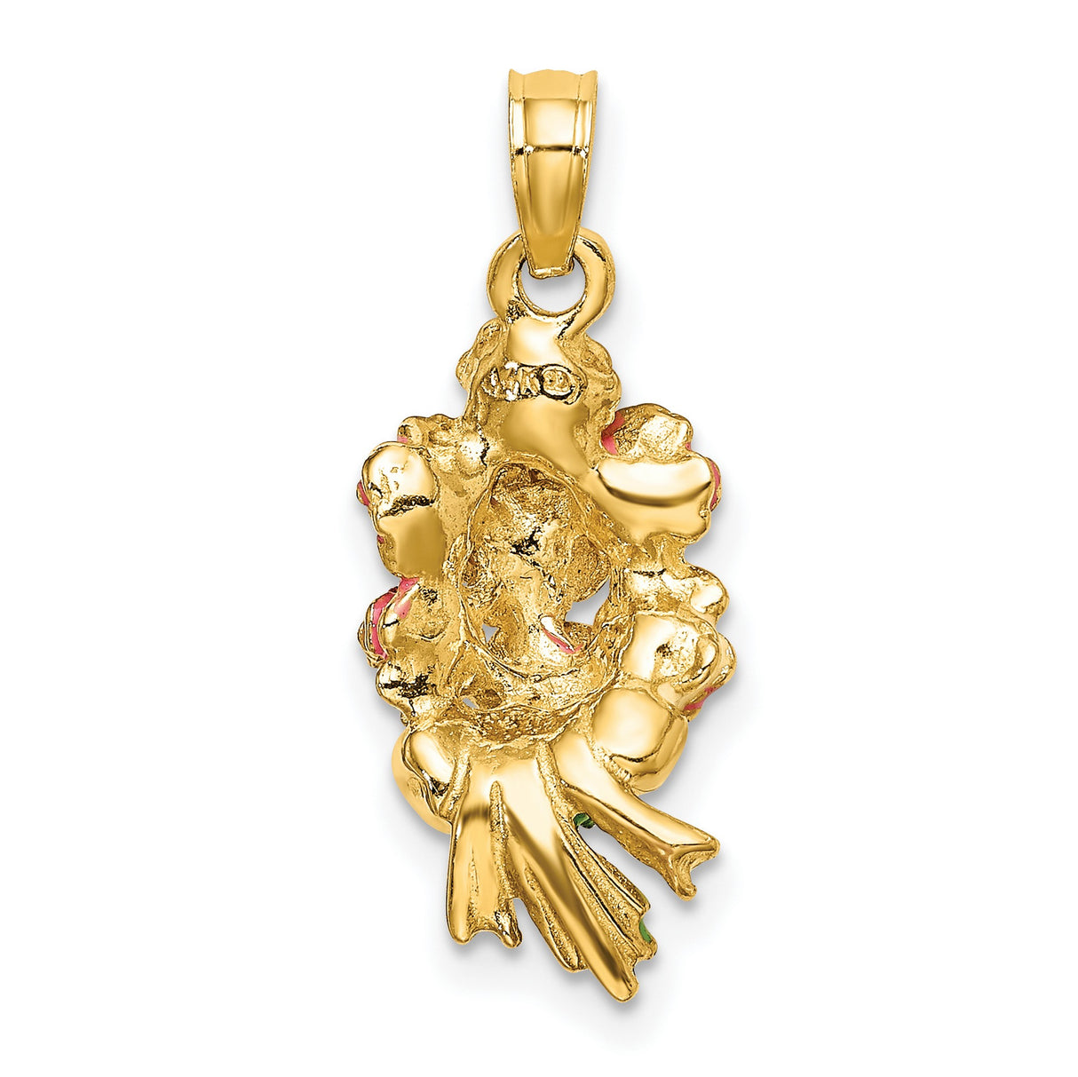14k Yellow Gold Rose Bouquet Pendant with Pink Roses and Green Stems, Floral Charm for Women