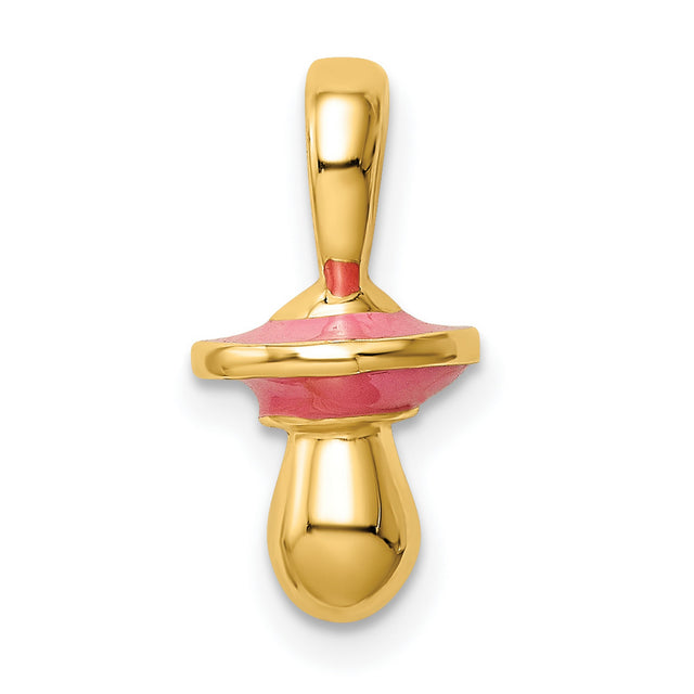 14k Yellow Gold Pacifier Charm Pendant with Pink Enamel, Motherhood and Love Theme