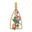 14k Yellow Gold Pendant with Enamel Hummingbird and Pink Flowers, Nature Inspired Design for Women