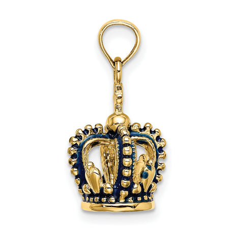 14k Yellow Gold Crown Pendant with Blue Enamel and Cross Top Christian Symbol Jewelry Charm