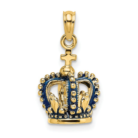 14k Yellow Gold Crown Pendant with Blue Enamel and Cross Top Christian Symbol Jewelry Charm