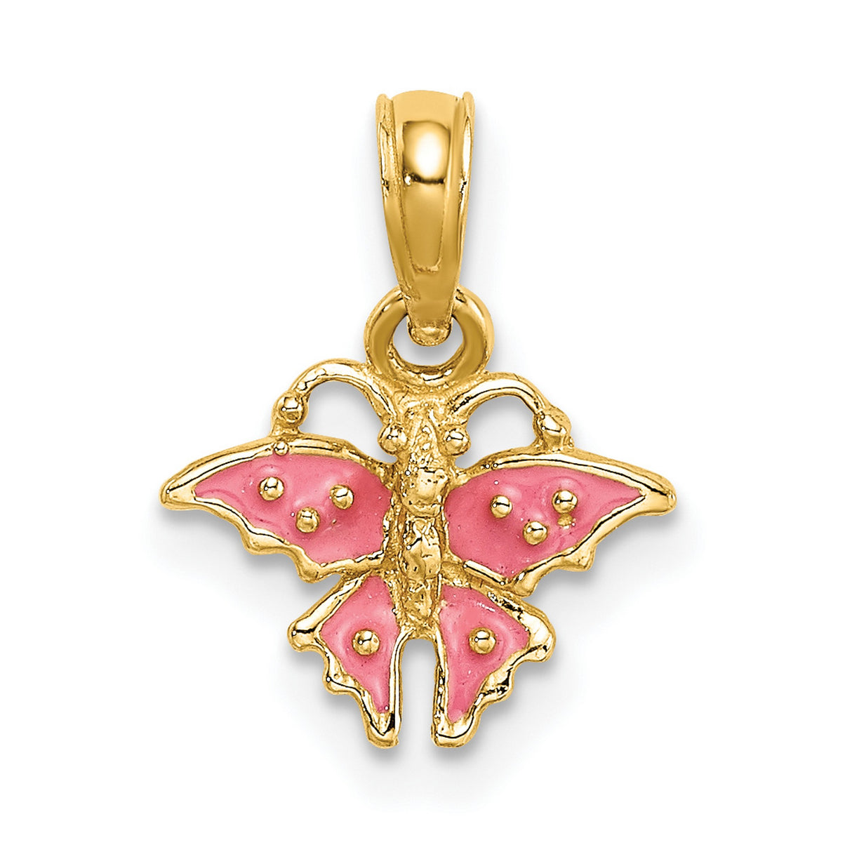 14k Yellow Gold Butterfly Pendant with Pink Enamel, Mini Charm for Women and Girls