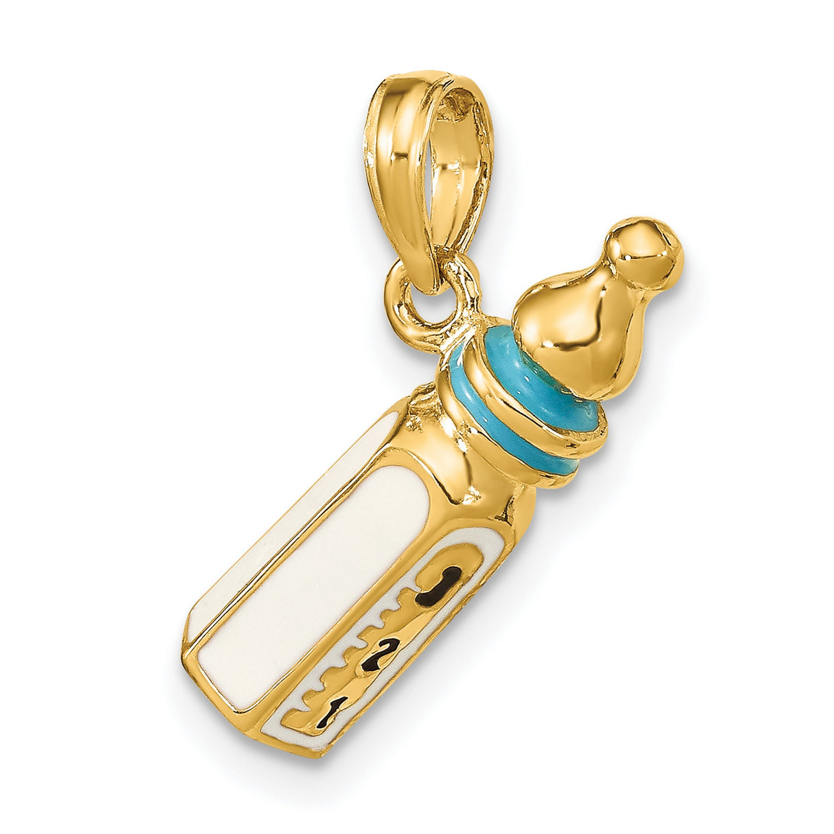 14k Yellow Gold Baby Bottle Pendant with Blue and White Enamel, Motherhood Charm