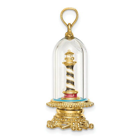 14k Yellow Gold Lighthouse Pendant with Glass Dome, Striped Nautical Design