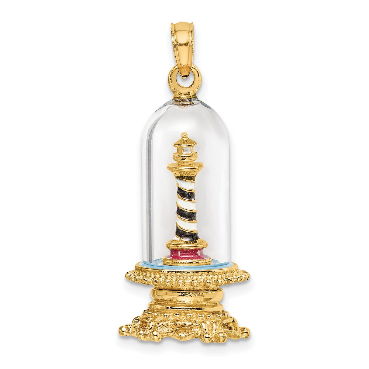 14k Yellow Gold Lighthouse Pendant with Glass Dome, Striped Nautical Design