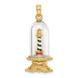14k Yellow Gold Lighthouse Pendant with Glass Dome, Striped Nautical Design