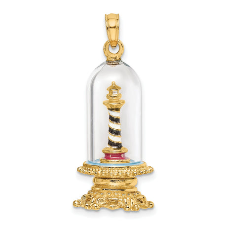 14k Yellow Gold Lighthouse Pendant with Glass Dome, Striped Nautical Design