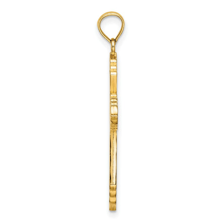 14k Yellow Gold Cross Pendant with White and Navy Enamel, Floral Motif, Flared Edges, Cathedral Design