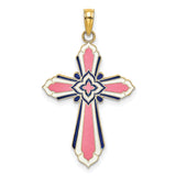 14k Yellow Gold Cross Pendant with White and Navy Enamel, Floral Motif, Flared Edges, Cathedral Design