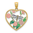 14k Yellow Gold Heart Pendant with Enamel Dragonfly, Pink Flowers and Green Leaves