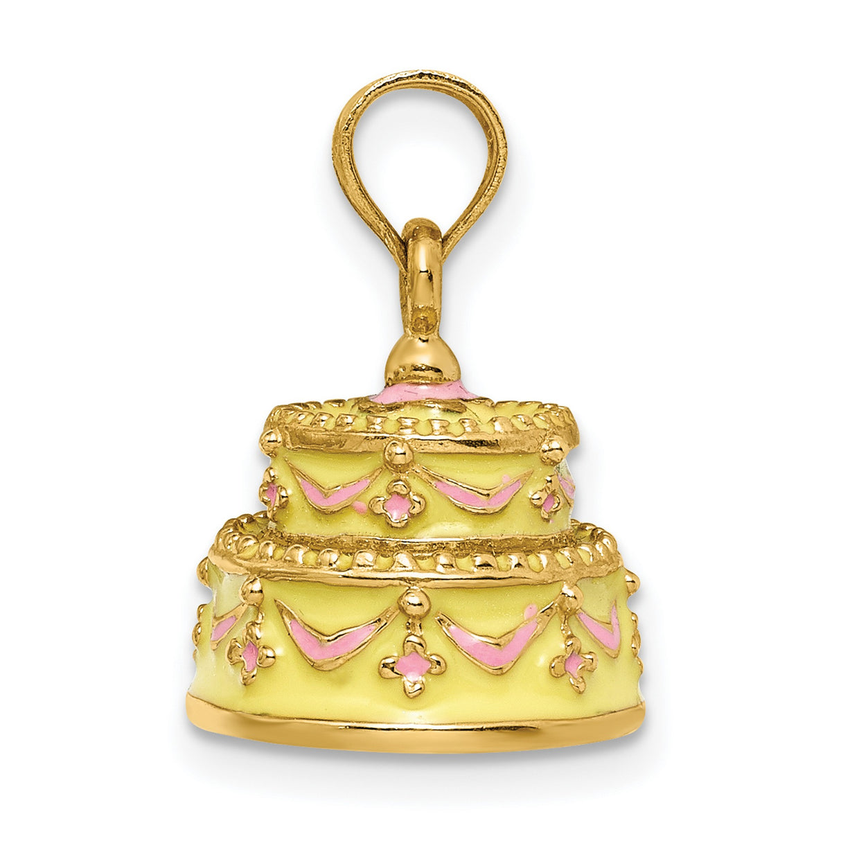 14k Yellow Gold Wedding Cake Pendant with Pink Enamel, Draped Motif and Floral Design