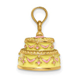 14k Yellow Gold Wedding Cake Pendant with Pink Enamel, Draped Motif and Floral Design
