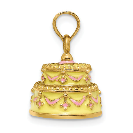 14k Yellow Gold Wedding Cake Pendant with Pink Enamel, Draped Motif and Floral Design
