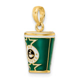 14k Yellow Gold Coffee Pendant with Green and White Enamel, Steaming Cup Design