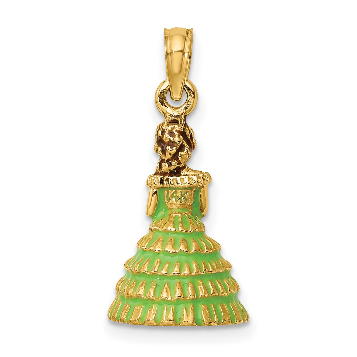 14k Yellow Gold Pendant, Quinceañera Woman in Green Dress, Latina Cultural Charm
