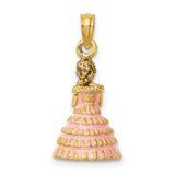 14k Yellow Gold Quinceañera Pendant with Pink Enamel Ruffled Dress Charm