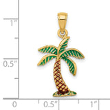 14k Yellow Gold Palm Tree Pendant with Green and Brown Enamel, Tropical Beach Theme
