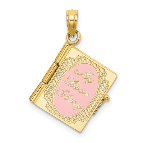 14k Yellow Gold Book Locket Pendant with Pink Enamel, Romantic Love Story Jewelry for Women