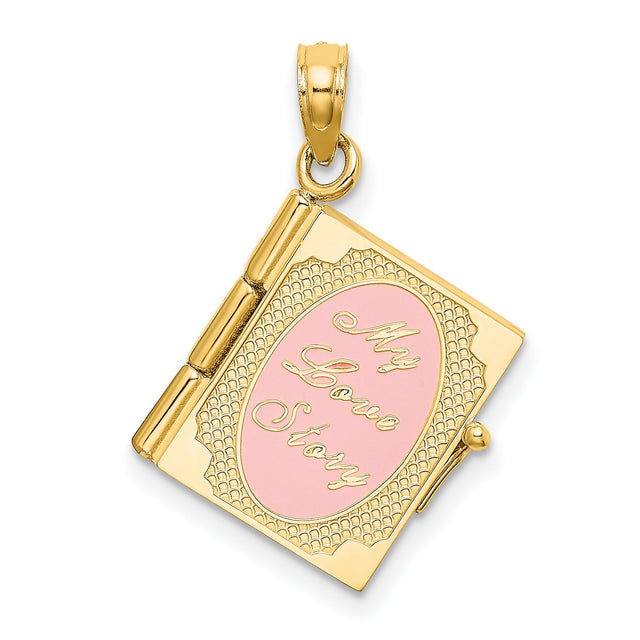 14k Yellow Gold Book Locket Pendant with Pink Enamel, Romantic Love Story Jewelry for Women