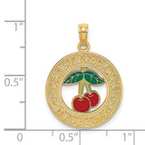 14k Yellow Gold Traverse City Pendant with Enamel Colorful Cherries, Michigan Souvenir Charm