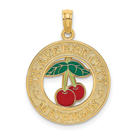 14k Yellow Gold Traverse City Pendant with Enamel Colorful Cherries, Michigan Souvenir Charm