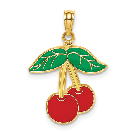 14k Yellow Gold Cherry Pendant with Red Enamel Cherries and Green Leaf, Nature-Inspired Charm