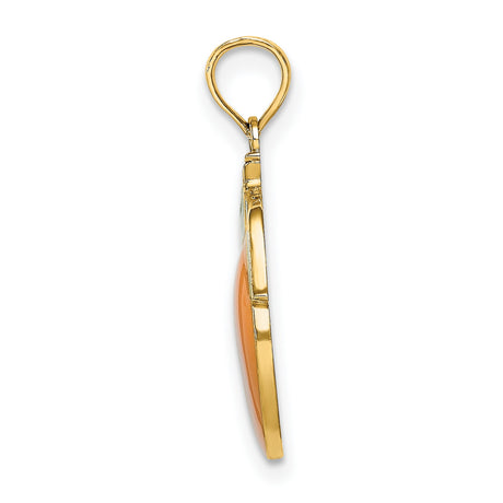 14k Yellow Gold Orange Fruit Pendant with Green Enamel Leaves, Tropical Citrus Charm
